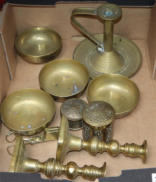 A set of Chinese brass bows, candlesticks etc.